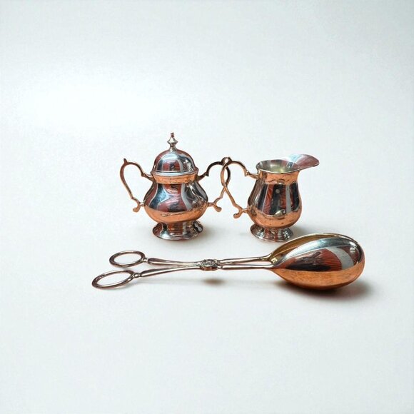 Silver-Plated Sugar & Creamer Set With Scissor Salad Tongs By International Silv - Picture 1 of 4
